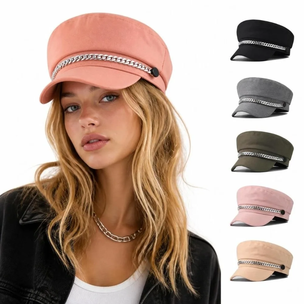 Retro Cotton Polyester Newsboy Cap Short Brim Chain Decor Octagonal Beret Adjustable Short Brim Peaked Cap Daily Wear