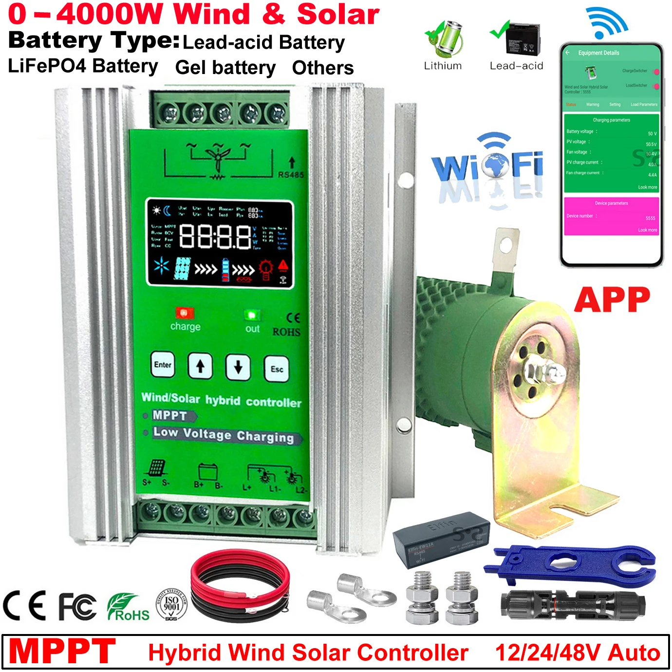 energia eolica hibrida controlador de carregamento solar wi fi sistema eolico mppt lifepo4 bateria de chumbo acido de litio 12v 24v 48v 3000w 4000w 01