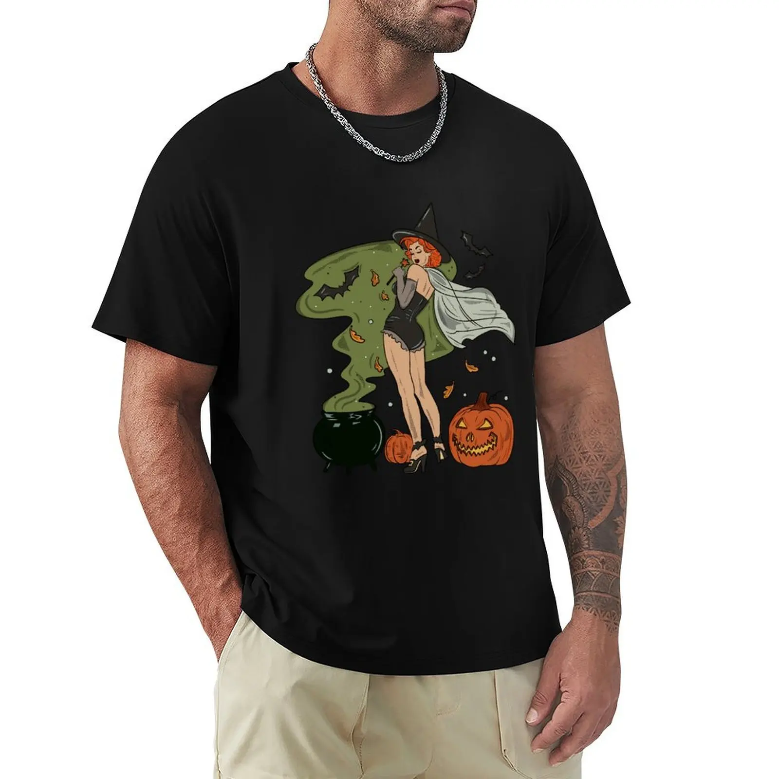 Vintage Pin-up Girl Witch Halloween T-Shirt Standard Fit Solid Tee Shirt