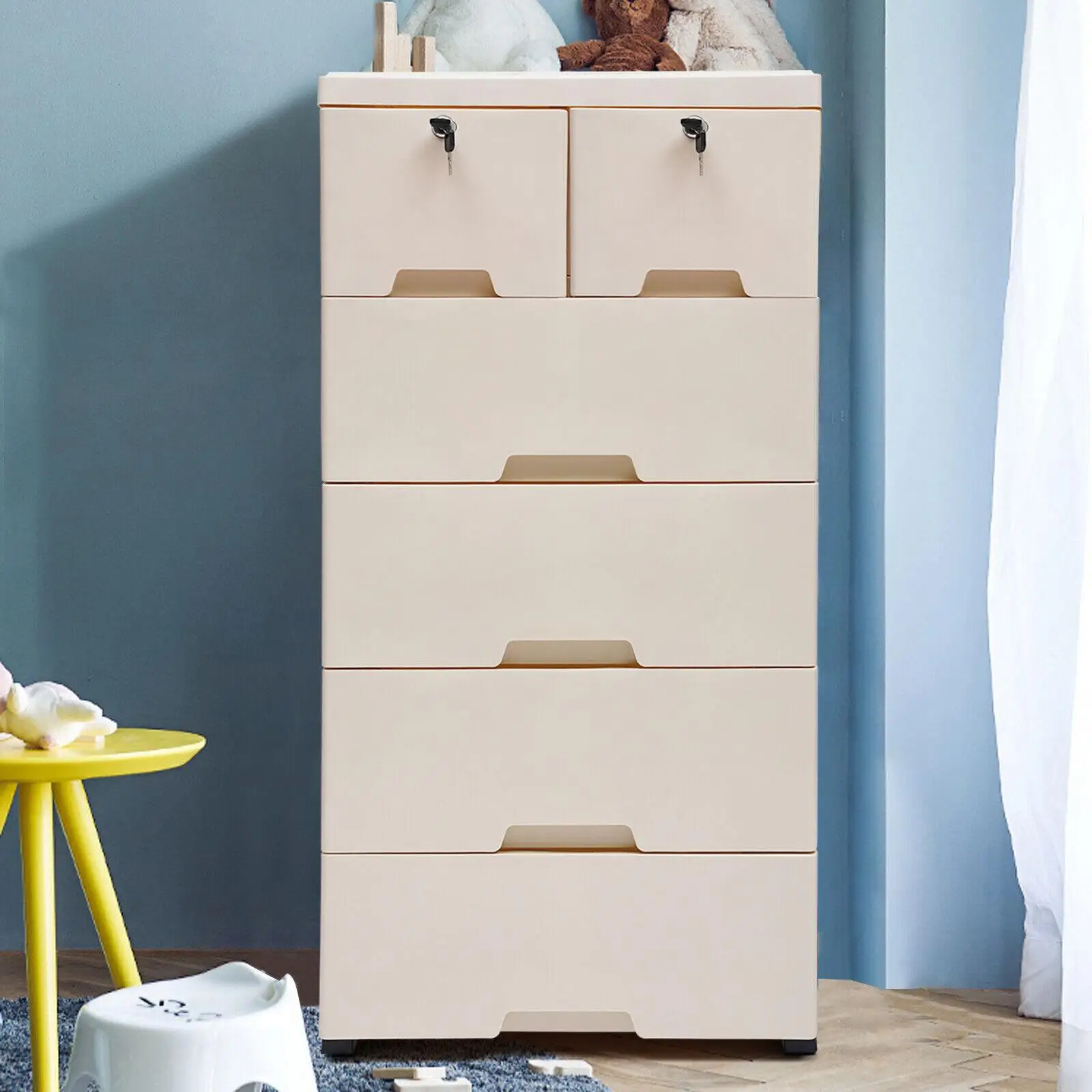 

Multi-layer Beige Drawers Movable Storage Dresser Cabinet Closet Nightstand Household Movable PP Closet Lockable Organizer Rack