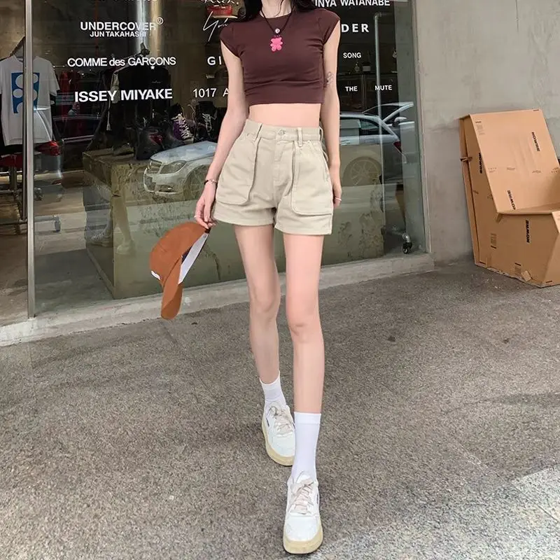 Khaki Shorts Cargo Summer Thin High Waist Big Pockets American Sweet Loose Sexy All-match Clothing Solid Daily Aesthetic Mujer