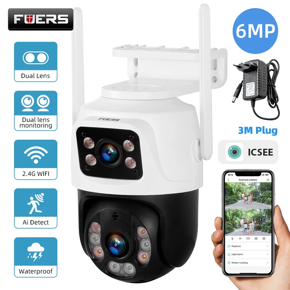 FUERS 6MP Wireless Outdoor WiFi Dual Lens IP Camera Home Security Camera Video CCTV Surveillance Onvif iCSEE Camera Dual-Screen