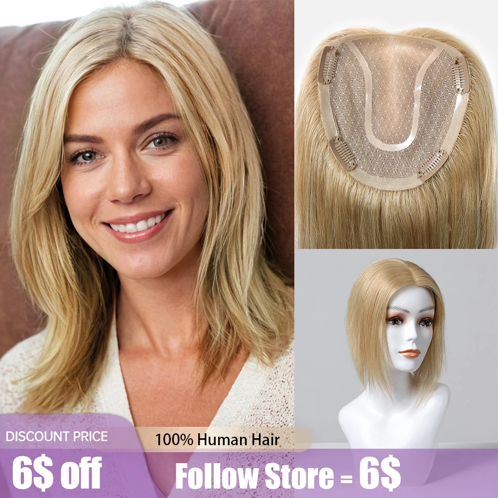 Mono Lace Base Remy Human Hair Toppers Clips in Middle Part Blonde Straight 14 Inches Toppers for Women 100% Remy Human Hair