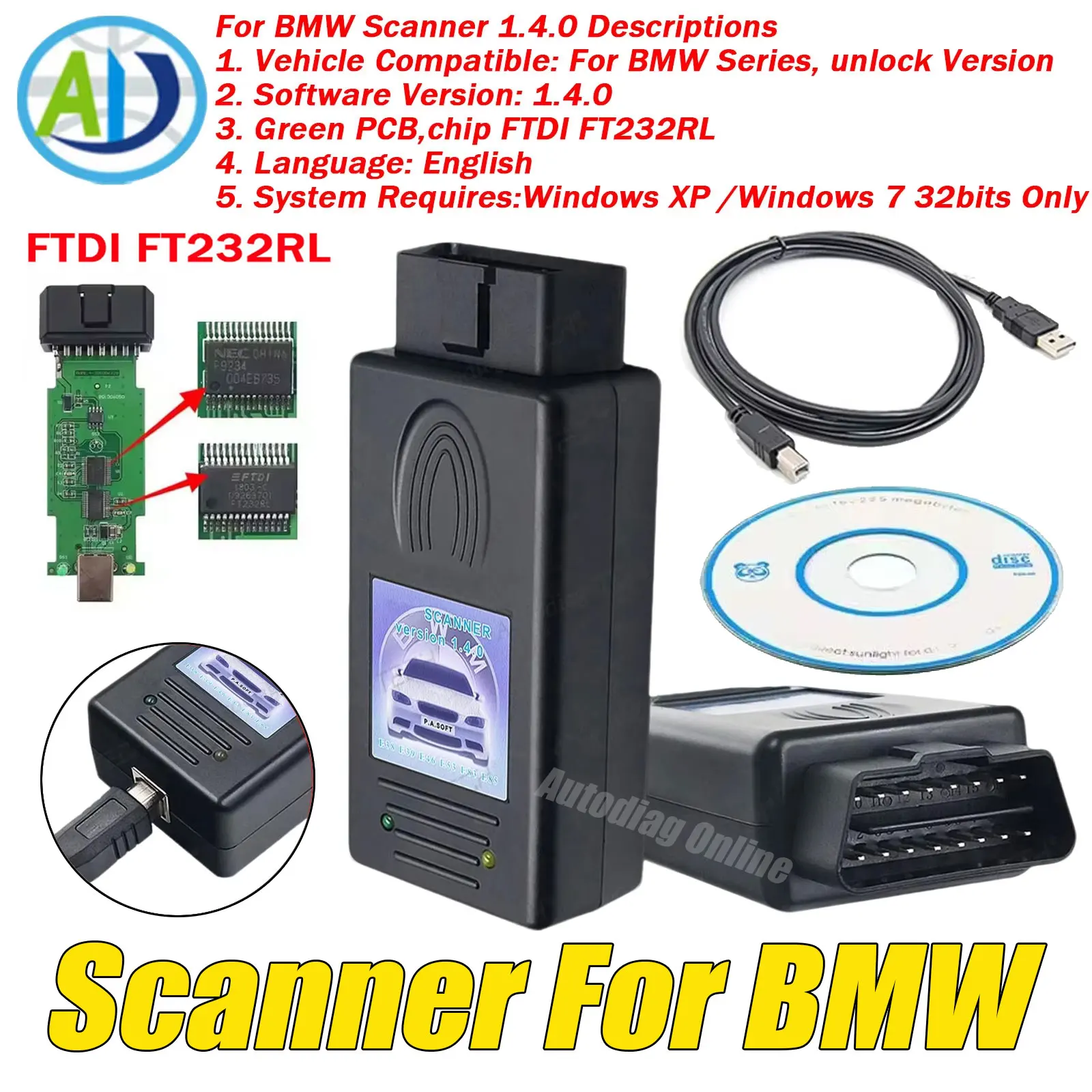 

For BMW E38 E39 E46 E53 E83 E85 Serie 3 5 7 X5 X7 OBD2 Scanner Version 1.4.0 Unlocked Code Reader OBD2 Diagnostic Tool For BMW