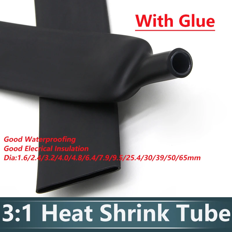 1~20M 3:1 Black Heat Shrink Tube Glue 1.6/2.4/3.2/4.0/4.8/6.4/7.9/9.5/25.4/30/39/50/65mm Heat Shrinkable Electrical Cables Case