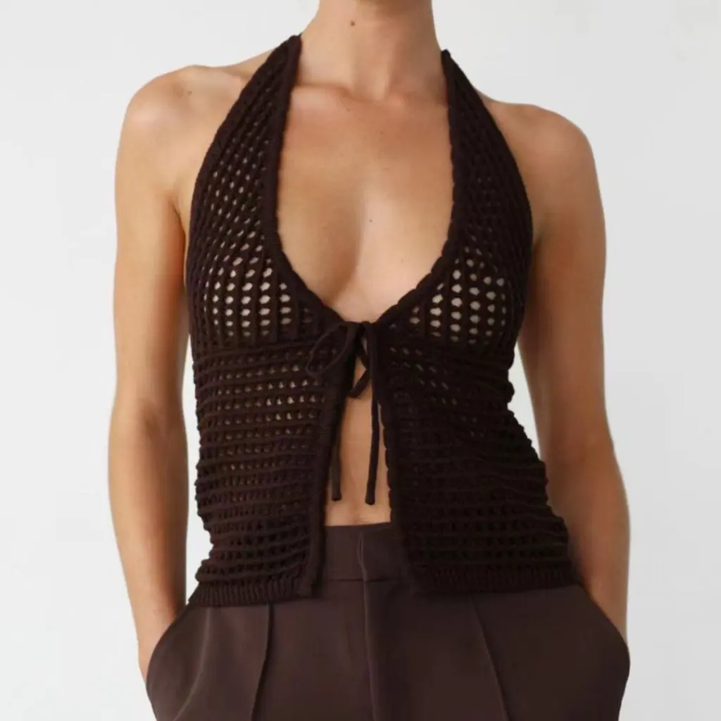 

Sexy Solid Color Hollow Vest Lace Trim Slim-Fit Casual Knitted Cardigan for Women Hanging Neck Design Fashionable Knitwear