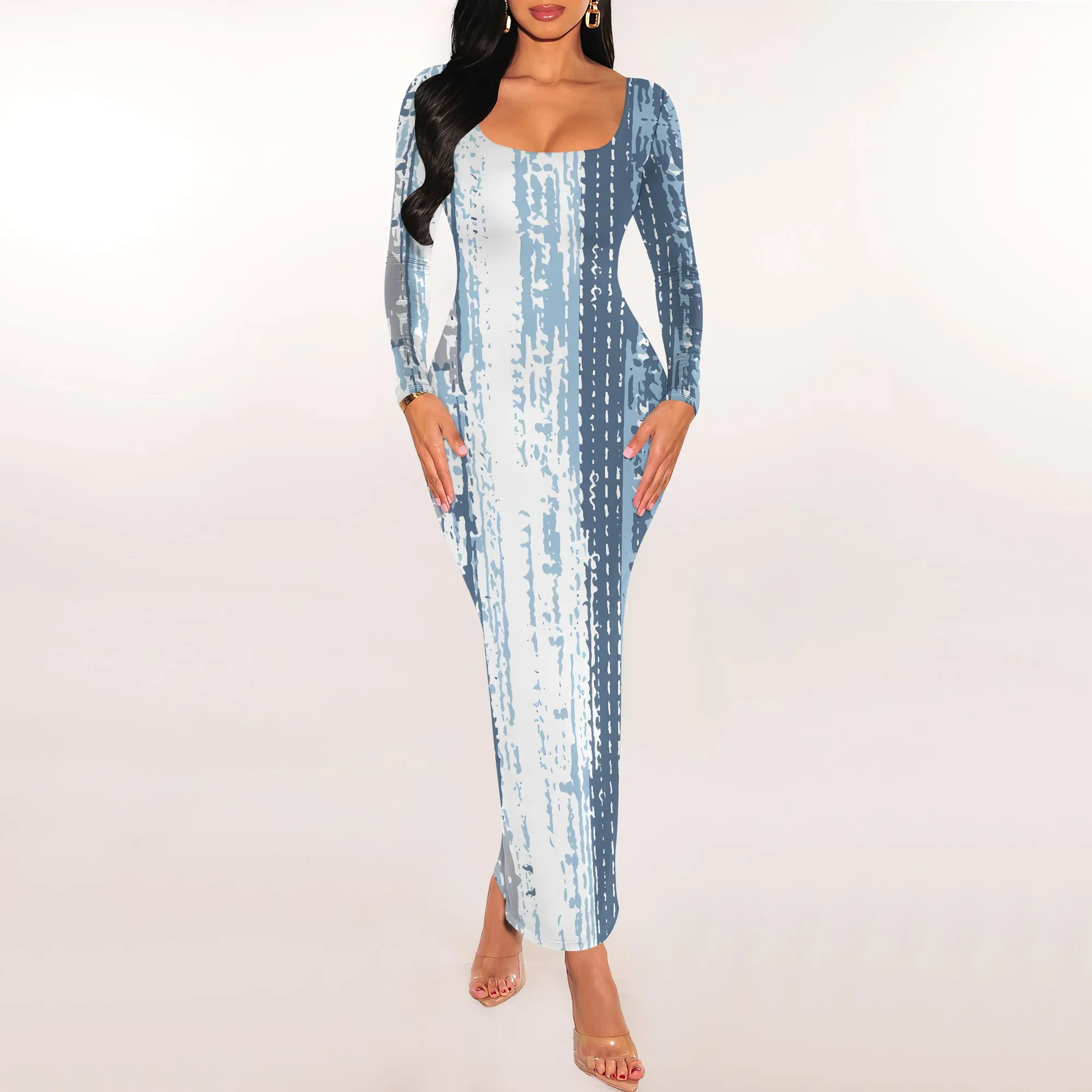 Rainbow Wave Print Bodycon Maxi Dress Long Sleeve Scoop Neck Summer Club Sexy Look