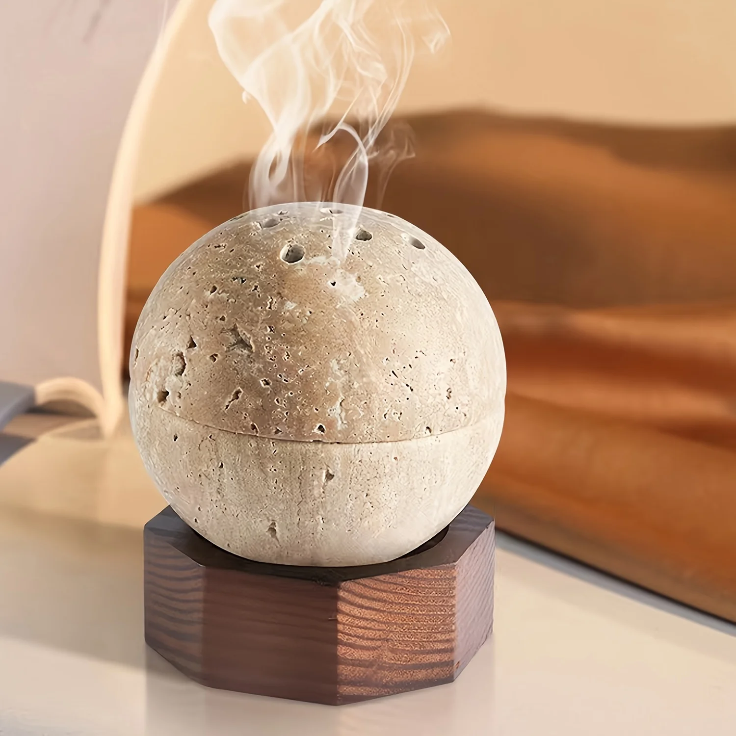 

1pc Natural Travertine Incense Burner, Round Handmade Sphere Incense Burner With Hexagon Wood Holder For Medication