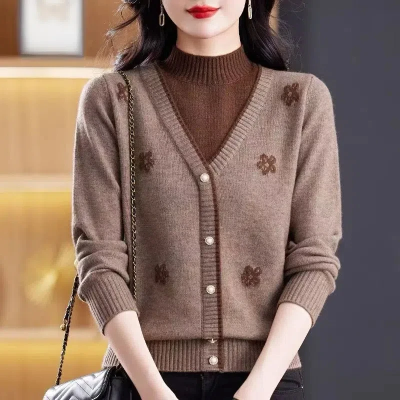 Women\'s Clothing Button Long Sleeve Half High Collar Autumn Winter Sweater Knitted Pullover Casual Elegant Screw Thread Tops