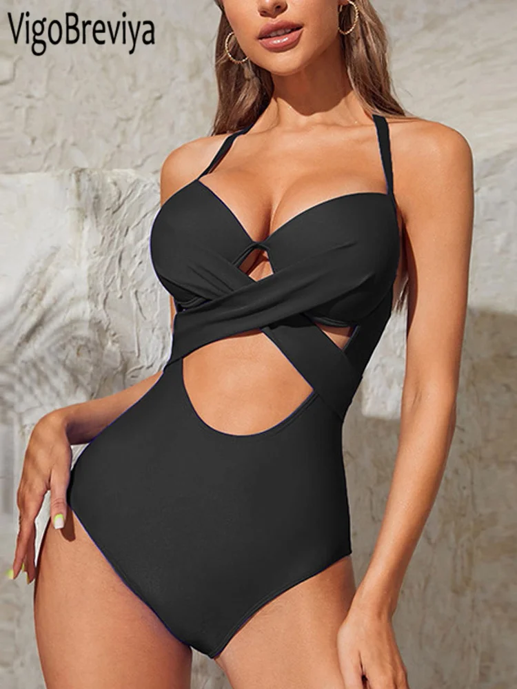 VigoBeviya 2025 Sexy Solid Swimwear Women Tied Halter Backless One Piece Swimsuit Monokini Cross Hollow Push UP Bathing Suit