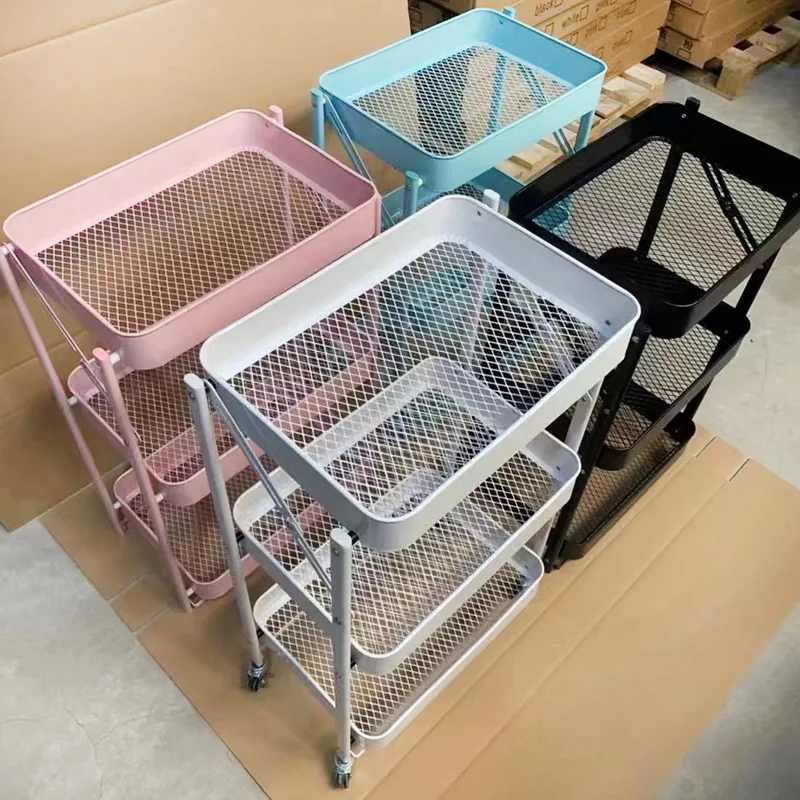Installation-free folding trolley, kitchen multi-layer floor storage rack, bedroom mobile storage rack, bookshelf
