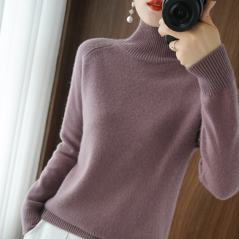 Damski jesienno-zimowy sweter z golfem elegancki, wąski, solidny, prążkowany, dzianinowy sweter z kaszmiru damski sweter z długim rękawem dzianina