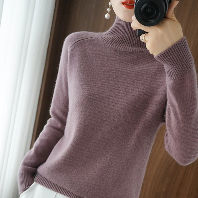 Damski jesienno-zimowy sweter z golfem elegancki, wąski, solidny, prążkowany, dzianinowy sweter z kaszmiru damski sweter z długim rękawem dzianina