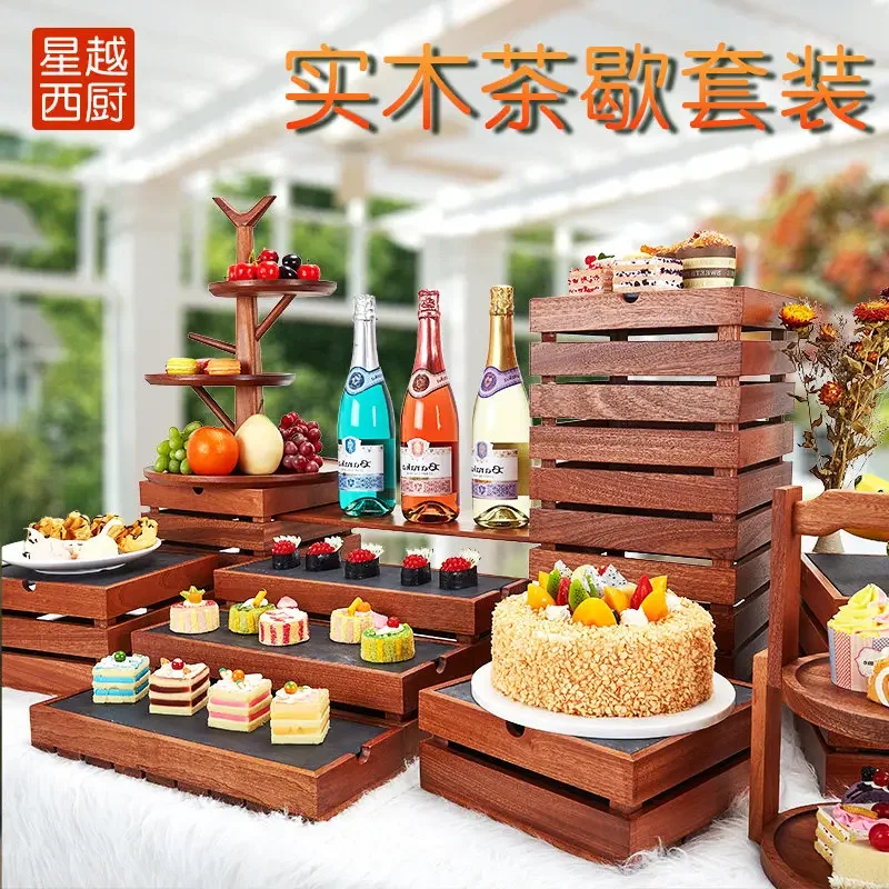 Wooden Dessert Table Display Shelf Ornament Creative Chinese Buffet Cold Food Cake Dim Sum Tea Break Table Set