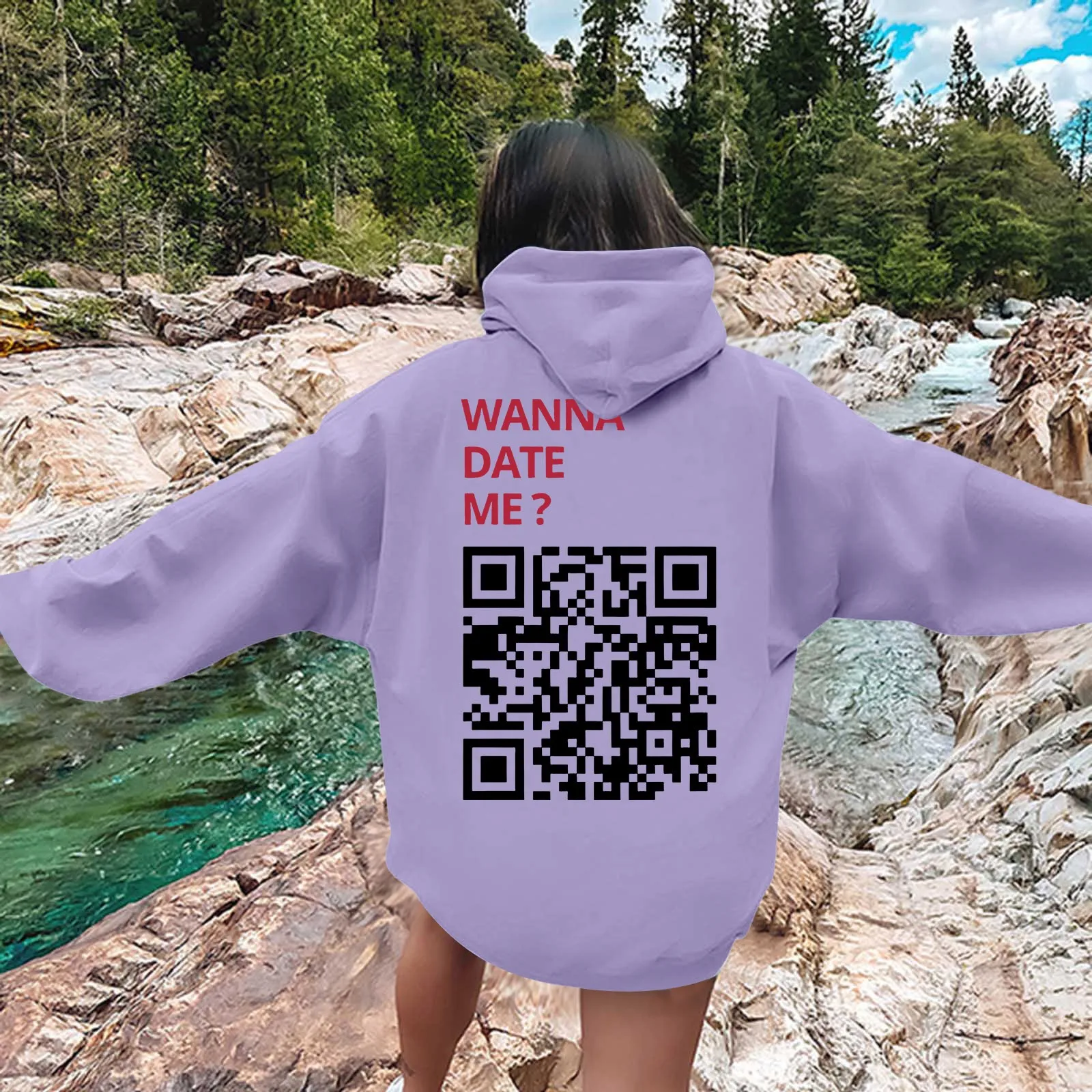 Hot Sale Funny Digital QR Code Hooded Wanna Date Me QR Code Hooded Drawstring Pocket Sweatshirt Women Hip Hop Pullovers Clothing