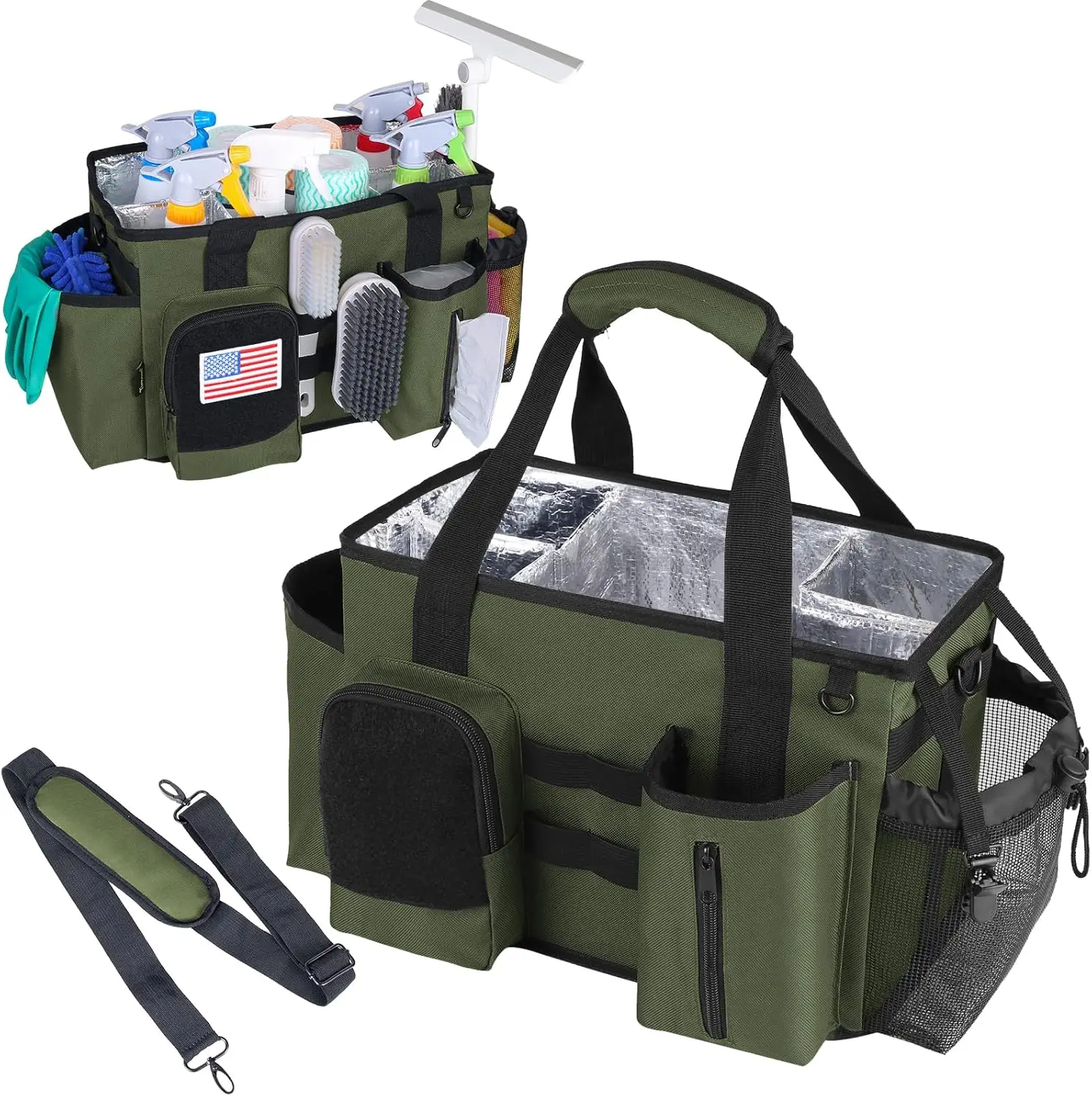 

Wearable Cleaning Caddy Bag, Cleaning Organizer with Handles, Cleaning Supply Tote with Adjustable Shoulder Strap for Cleaners &