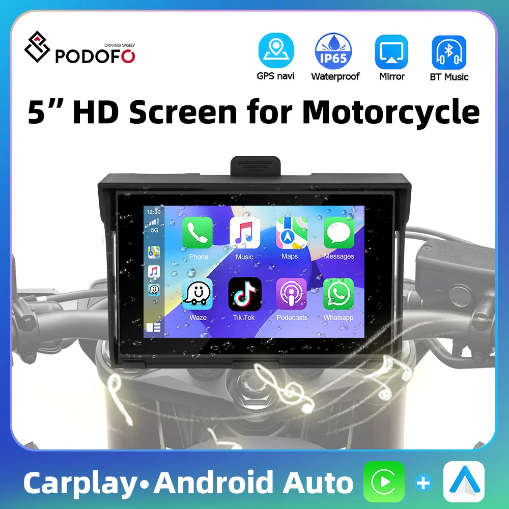 Podofo 5'' Portable Motorcycle Monitor Motorcycle CarPlay Android Auto Waterproof Bluetooth Airplay Android Cast EQ Navigation