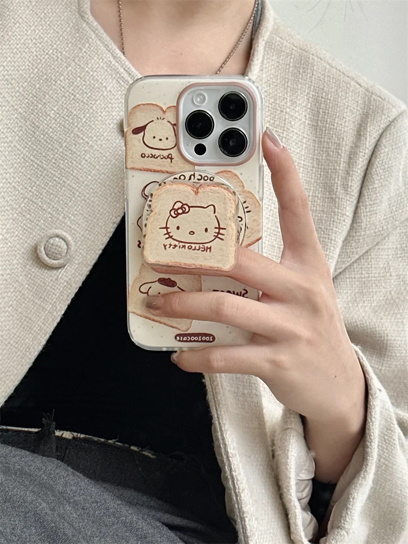 Funny Cartoon Cute Toast Hello Kitty Magsafe Wireless Charge Phone Case For iPhone 12 13 14 15 16 Pro Max Kitty Magnetic Holder