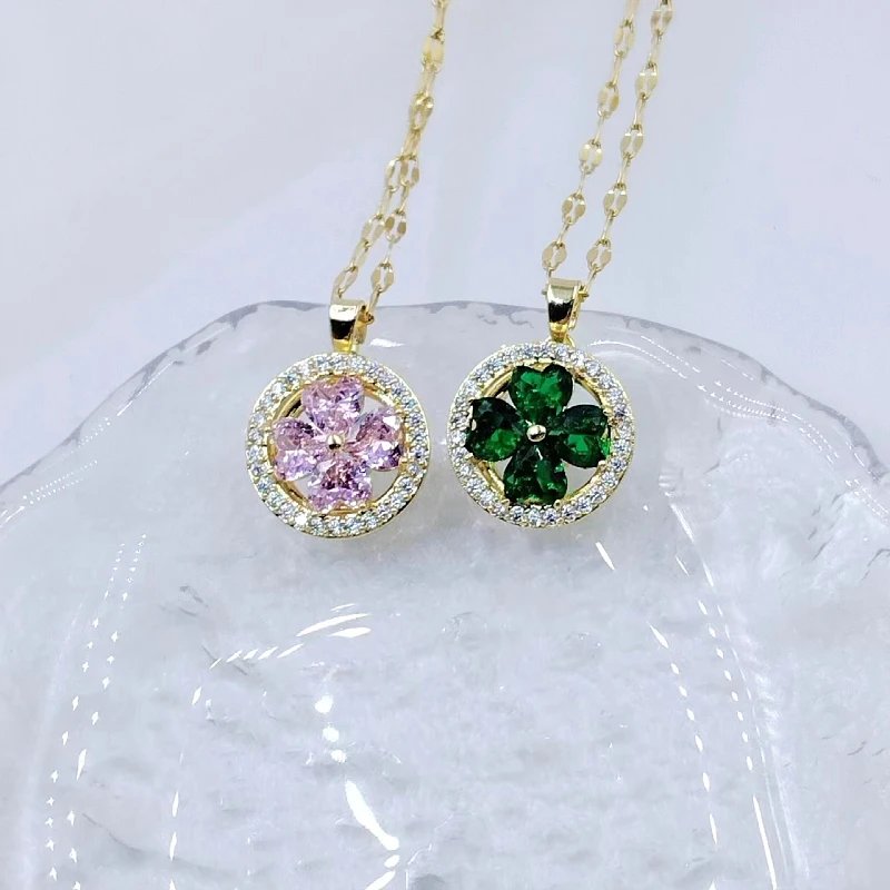 Fashion Charm Green Heart Necklace Classic Vintage Pink Flower Clover Heart Clavicle Chain Pendant Gift