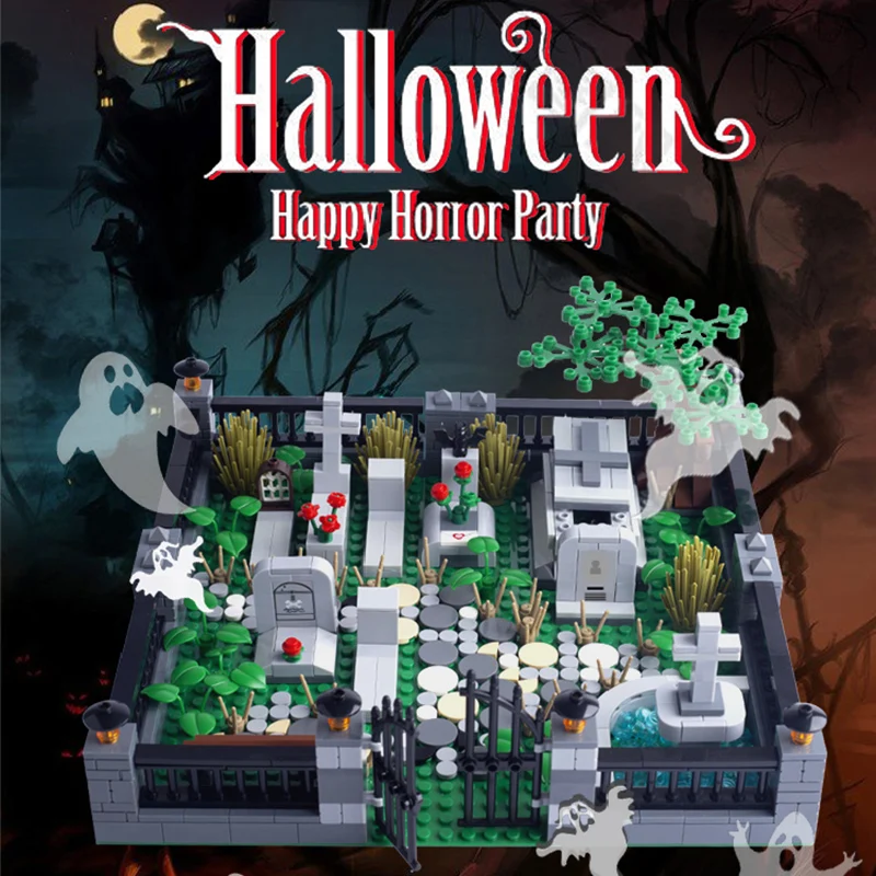 

MOC City Halloween Cemetery Scene Building Block Skeleton Treasure Diamonds Tombstone Bricks Toys Gift