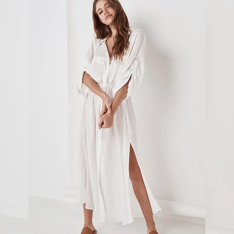 Para Praia New Cotton Long Sleeve Shirt 2025 Swimsuit Covers Long Dress Sexy Beach Polka Maxi Beach Dress Women Bikini Beachwear