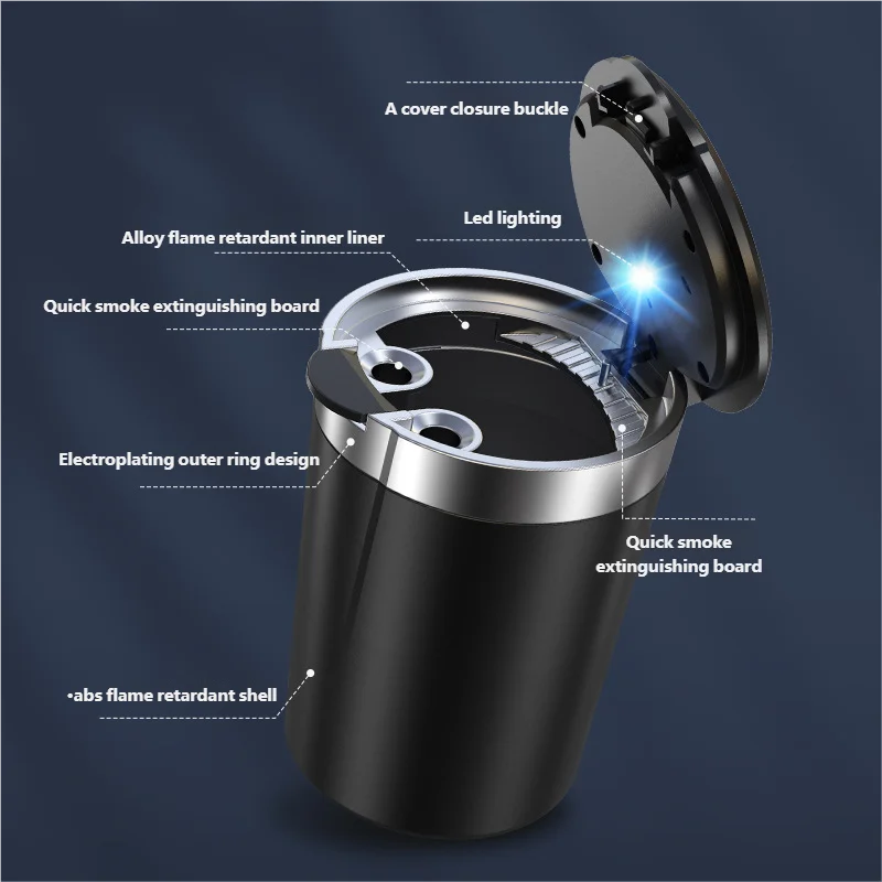Portable Can LED Ashtray Smokeless Auto Cigarette Ash Holder with Lid Detachable Metal Lining One-Click Push Open Splash-Proof view 4