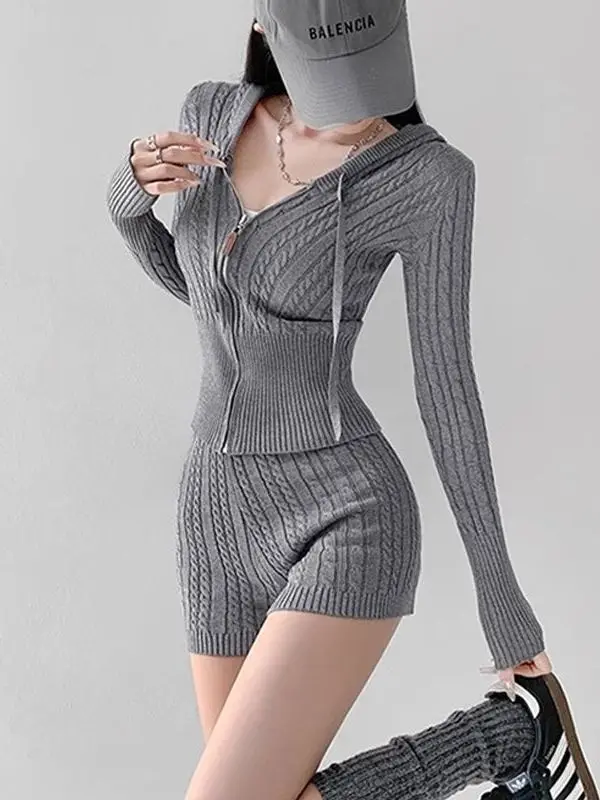 

American Sle Knitted ort Set Women's Slim Fit Top orts Two-Piece Suit Casual Commute Sle Polyester Fiber Zipper Closure