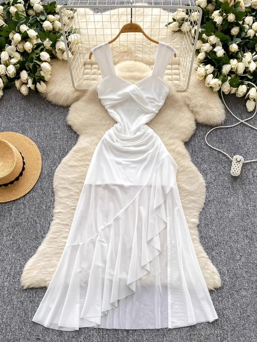 Foamlina Fashion Muse Design Kink Suspender Waist Irregular Ruffle Dress Women's French Mesh Midi Boho Holiday Dresses