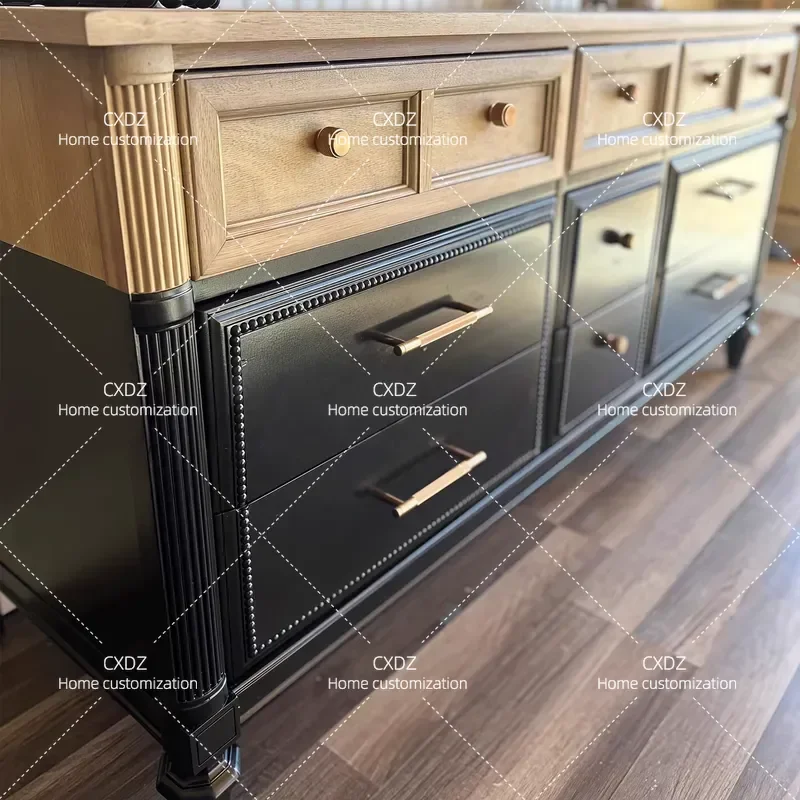 Modern Simple Solid Wood Dining Side Cabinet Living Room Storage Locker with Metal Handle Contrasting Color Multi Drawer