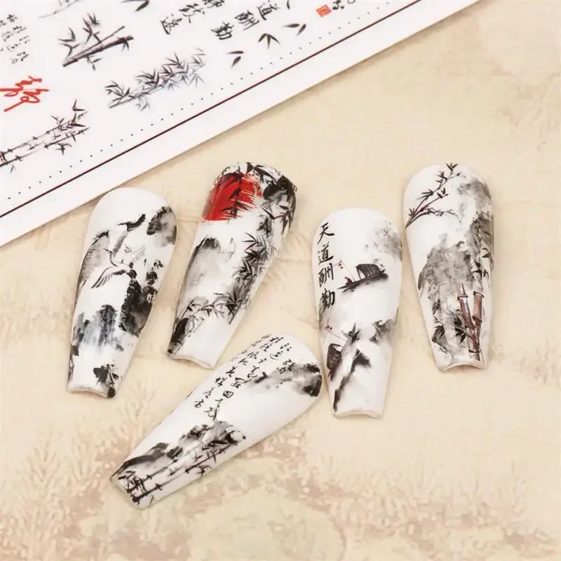 1~20PCS Chinese Characters Nail Stickers Watercolor Flowers Bamboo Leaf Sliders Moutain Crane Birds Decals Letters Manicure