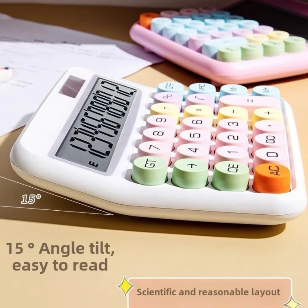 Mechanical Calculator 12 Digit Large LCD Display Big Round Button 15°Tilt Screen Cute Candy Colored Dual Power Supply Calculator