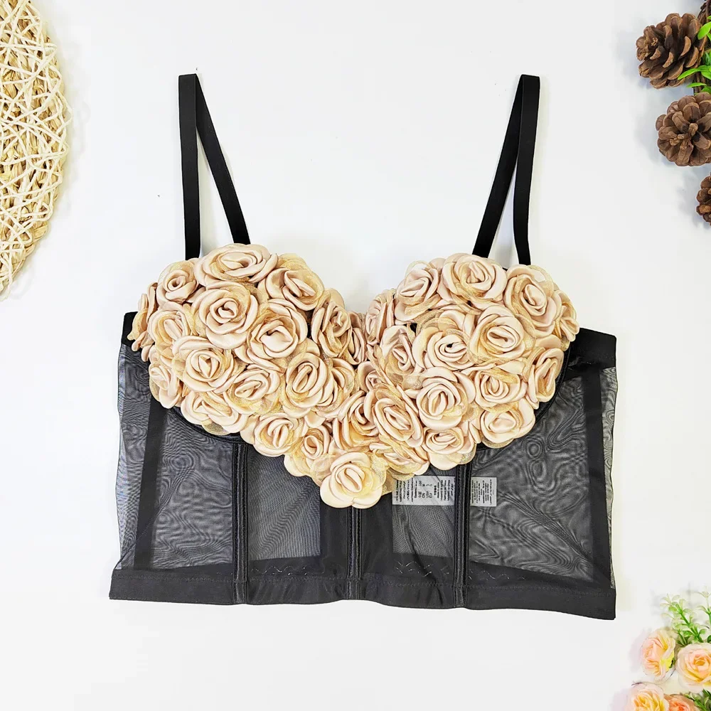 Valentine's Day Loving Heart Sexy Vest Corset Women Mesh Transparent Three-dimensional Flowers Tops Bustier Push-up Bra