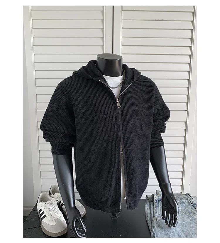 2026 New Autumn Winter Simple Solid Color Knitted Hoodie Men Japan Korean Fashion Casual Loose Double Zipper Hooded Jacket