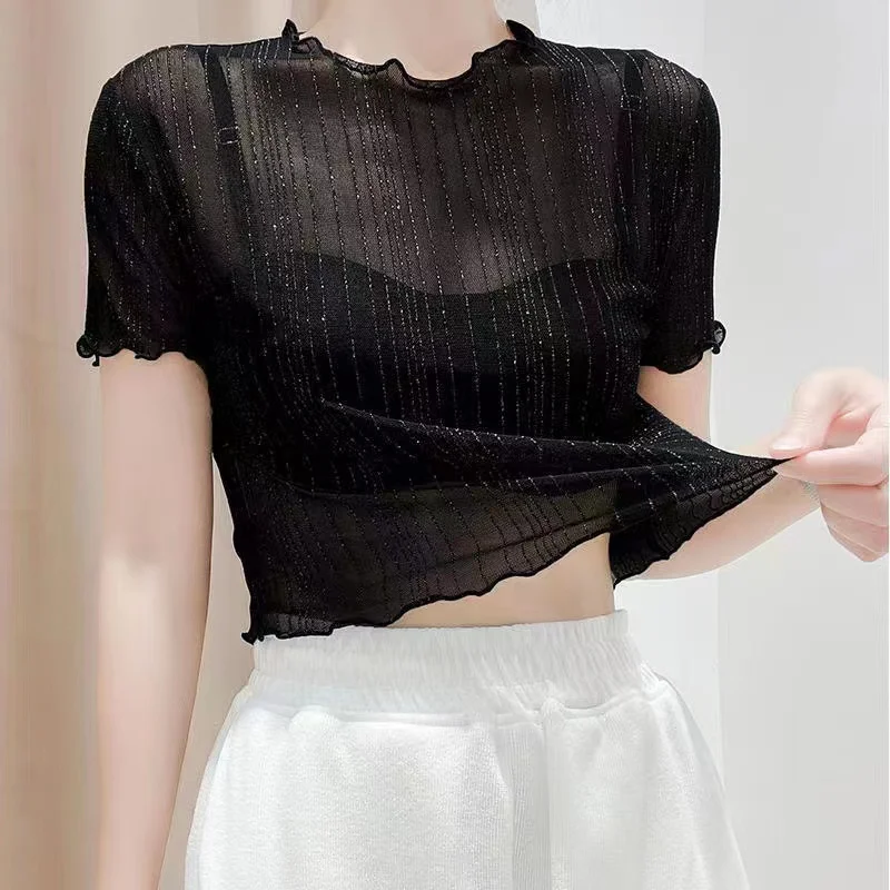 Black Lace Crop Top Women's Summer New Style T-shirt Inner Wear Short Sleeve Mesh Underwear round Neck Bright Thread Design