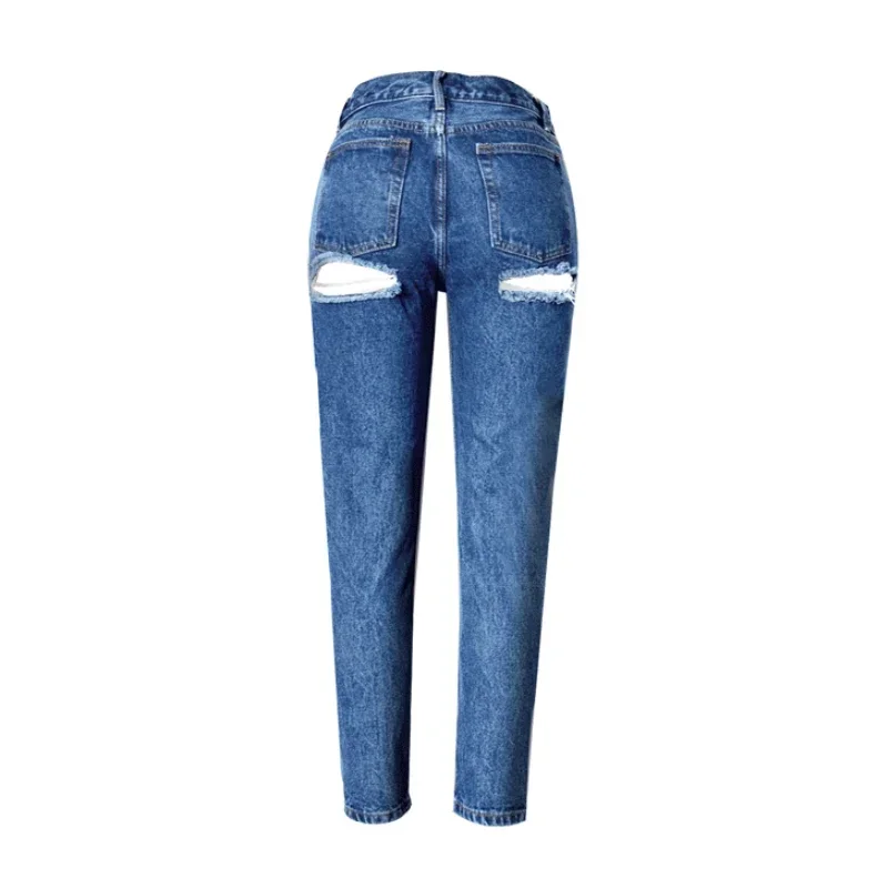 Women Slim Plus Size Blue Denim Pants  Streetwear Ass Hole Butt Ripped Jeans Female High Waist Straight Sexy Trousers