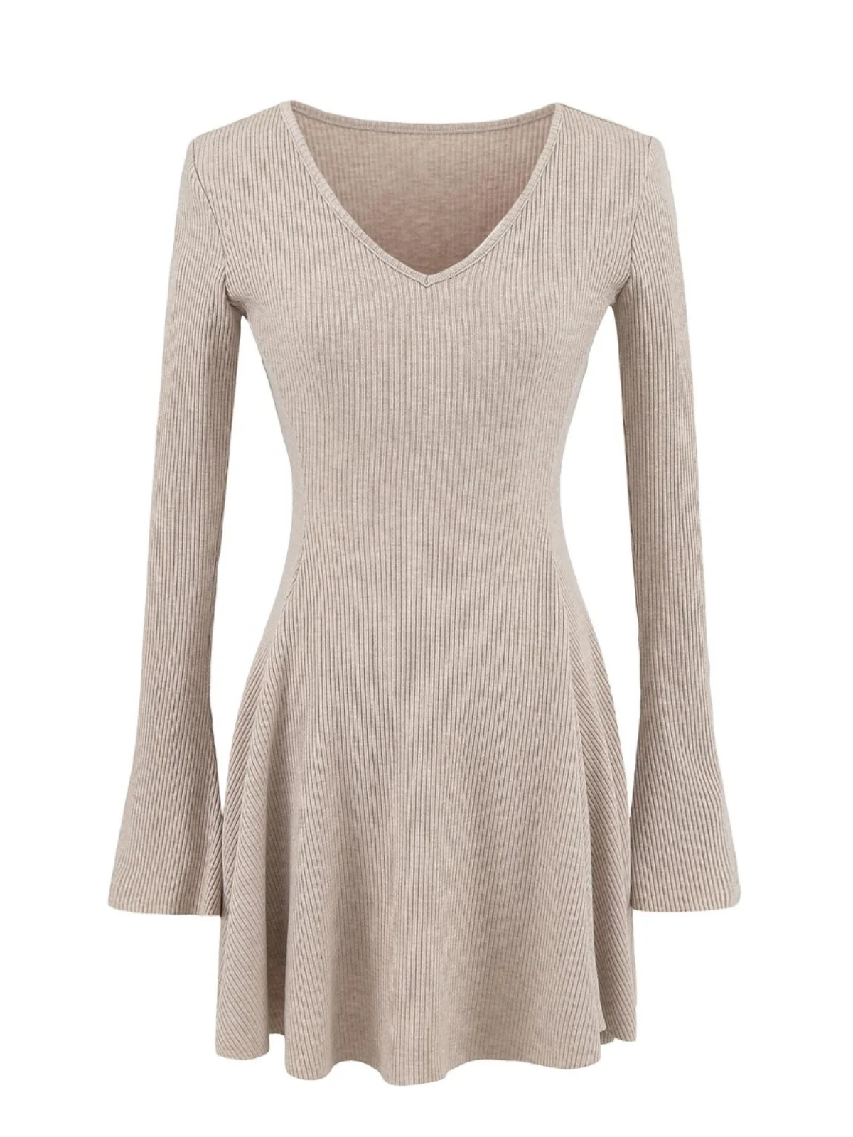 Romantic  Color Knitted ort Dr Women's Slimming V-Ne Long Sve Vest A-Line Skirt High Waist Commute Sle Sprin...