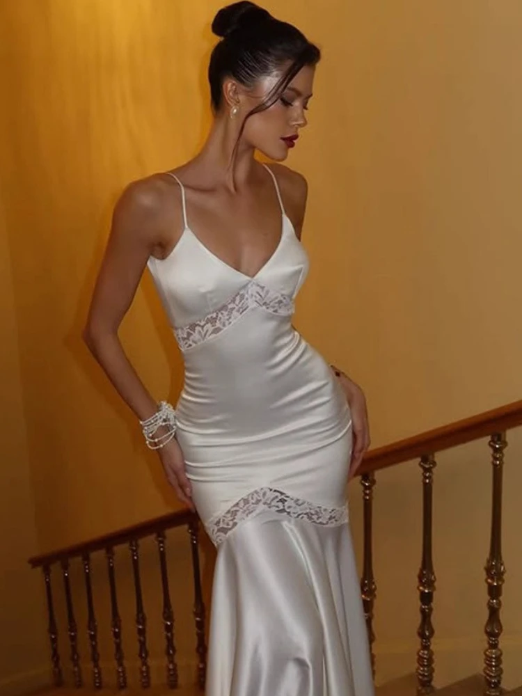 Tossy elegante scollo a V bretelle maxi abito patchwork di pizzo senza maniche backless abito a vita alta abito da sera femminile autunno maxi