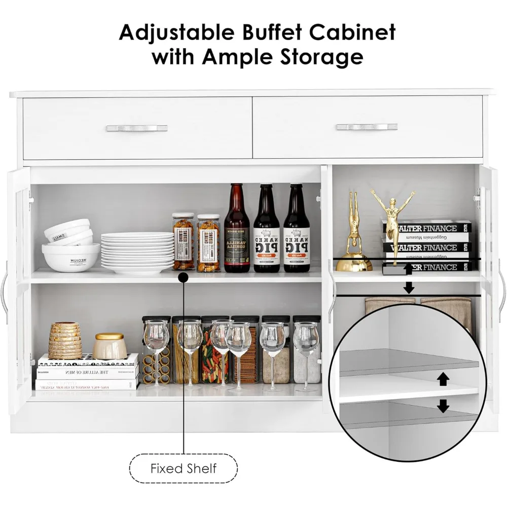 Aparador de Buffet con puertas de cristal, cocina con 2 cajones y estantes de almacenamiento, armario para platos