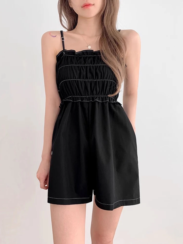 Women Leisure Simple Fashion Design Strap Jumpsuit Summer New French Style Retro Solid Color Casual Short Pants