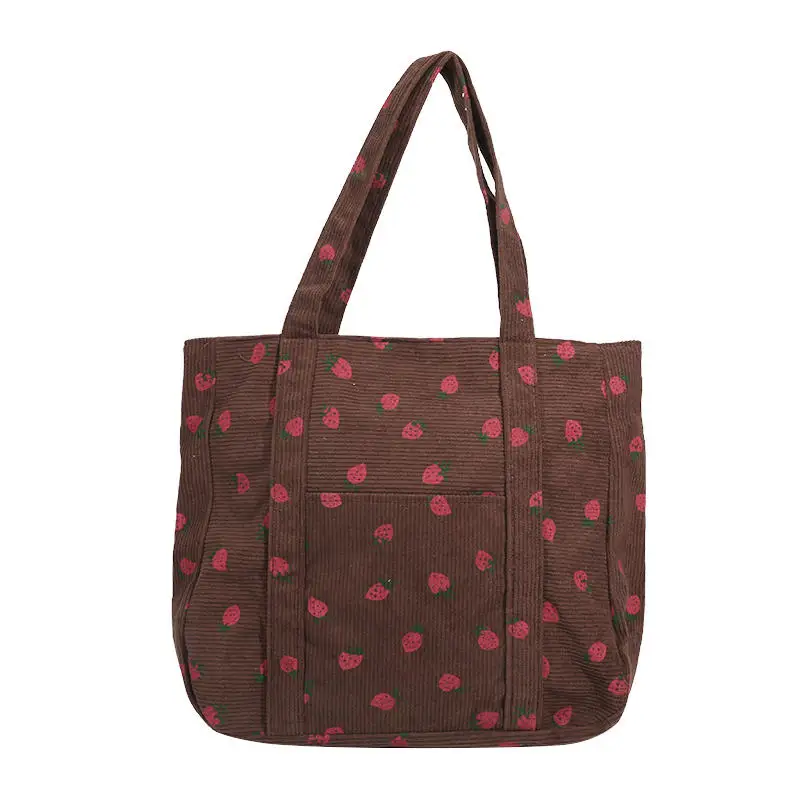 Bolsa tote elegante com estampa de cereja para mulheres, leve, veludo, grande capacidade, zíper, bolsa de ombro para uso diário, deslocamento, compras