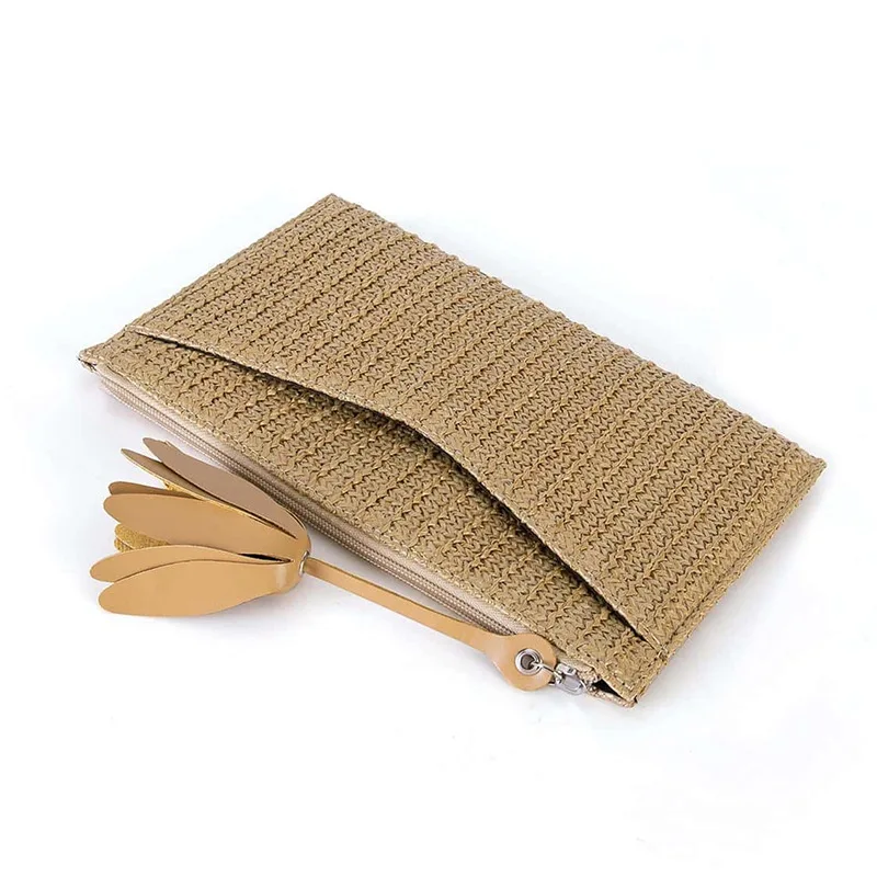 Straw Clutch Purses for Women Summer Beach Handbag Woven Purse Wicker Rattan Envelope Clutch for Wedding Zipper Messenger Bags