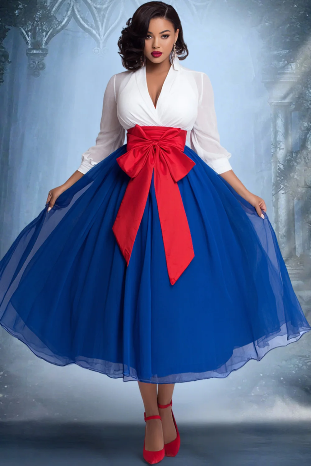 

Plus Size Party Blue Colorblock Wrap Neck 3/4 Sleeve Bow Tie Elegant Contrast Tulle Midi Dresses