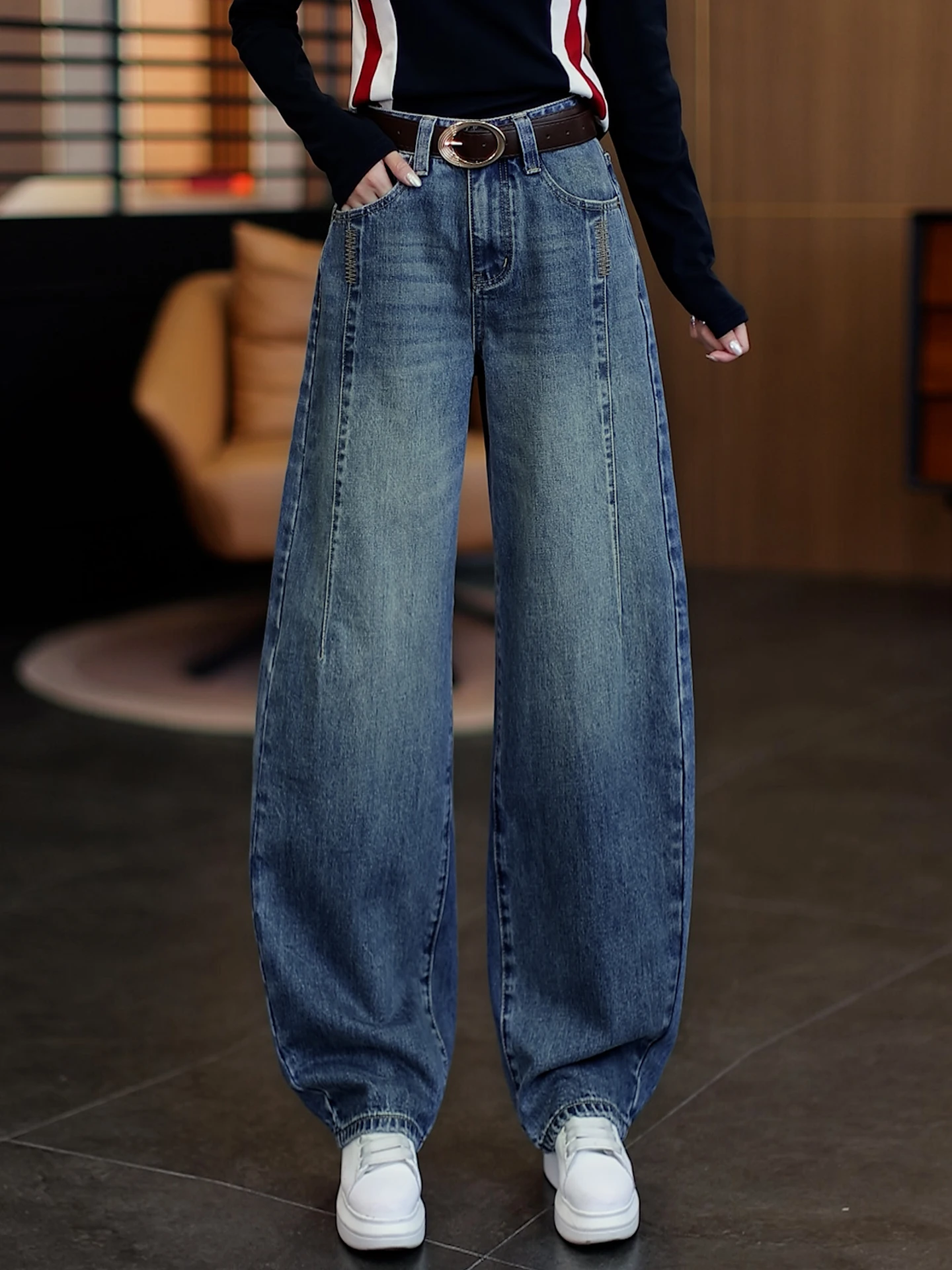 

Женские джинсы с высокой талией и широкими штанинами, модные весенне-осенние свободные брюки-бананы для повседневной носки, визуально стройнящие фигуру