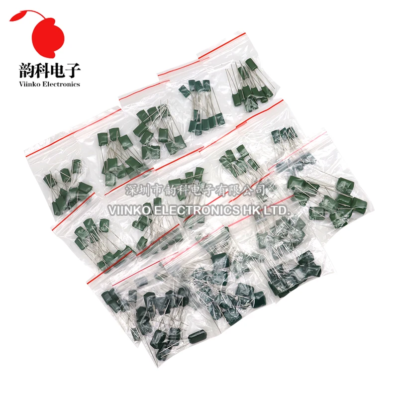 180pcs=18value*10pcs Polyester film capacitor Assorted Kit contains 2A104J 2A332J 2A472J 2A103J 2A333J 2A473J 2A563J 2A223J