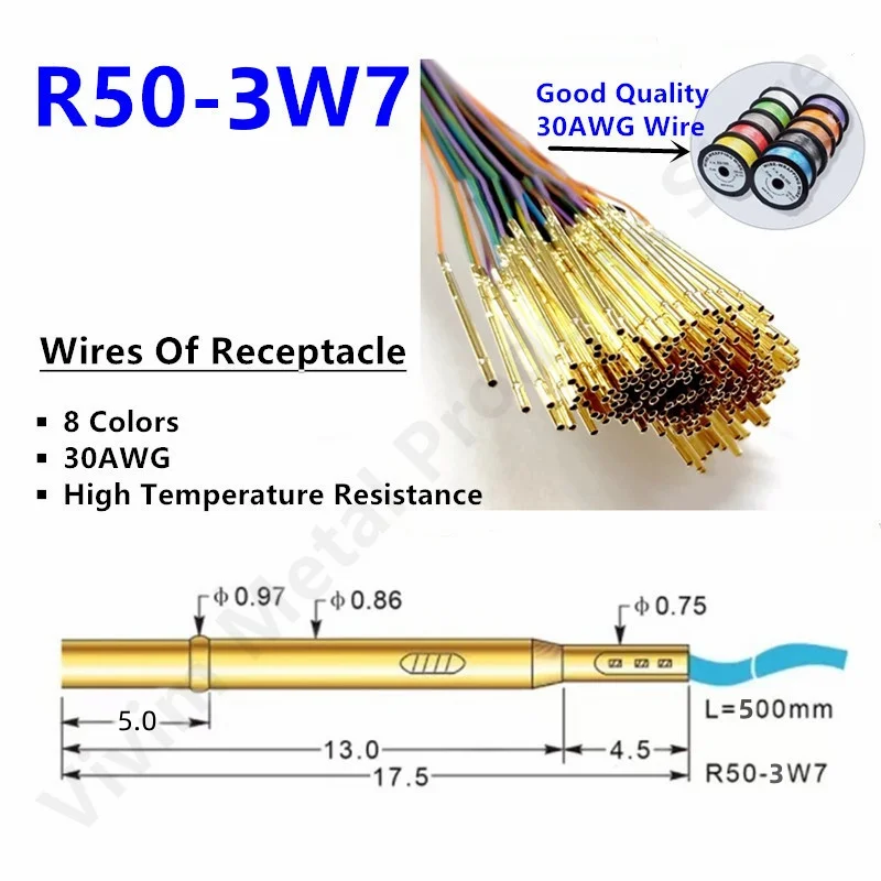 

Socket R50-3W7 Length 17.5mm Spring Test Probe Receptacle Bare PCB Pogo Pin Pre-wired wire 30AWG High temperature resistant wire