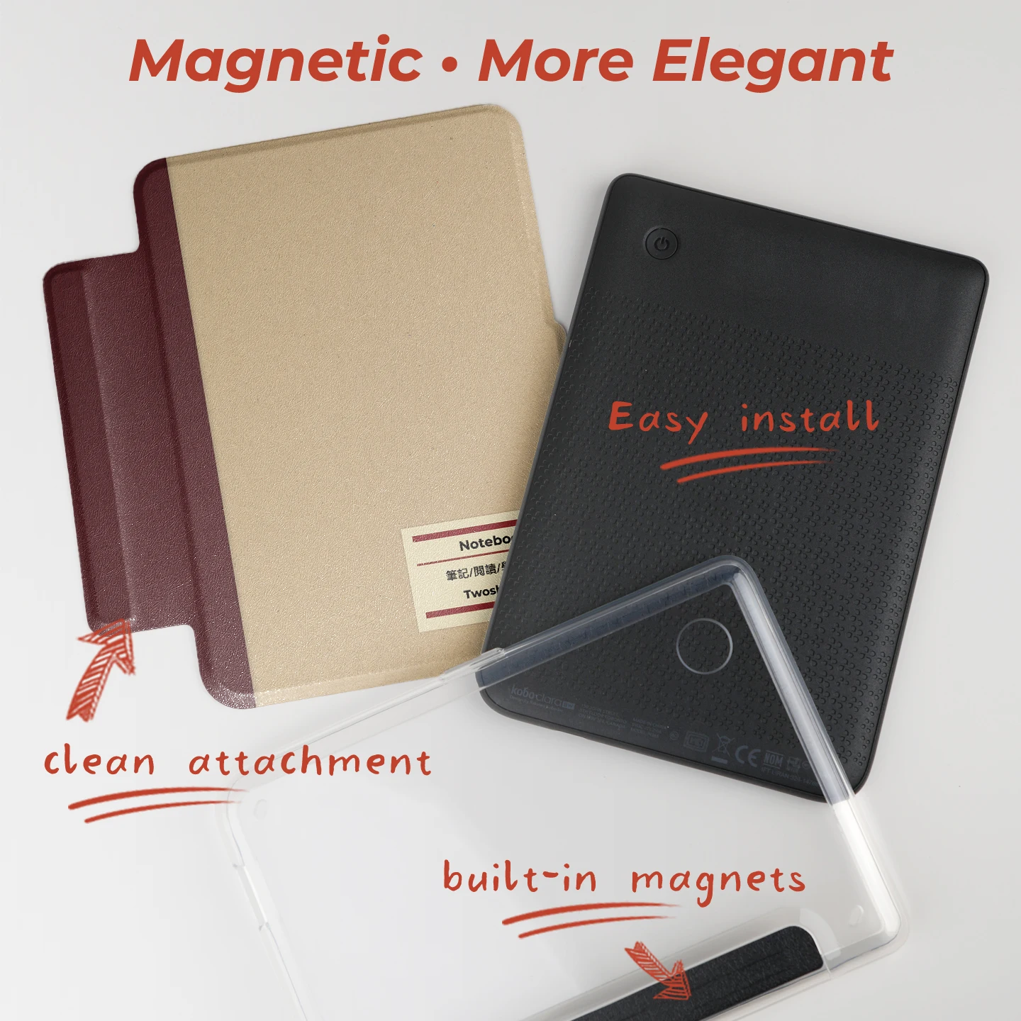Twosheep 6 Inch Detachable Magnetic Case for Kobo Clara BW / Clara Colour / Clara 2E Clear Back Auto Wake Sleep with Clear Case