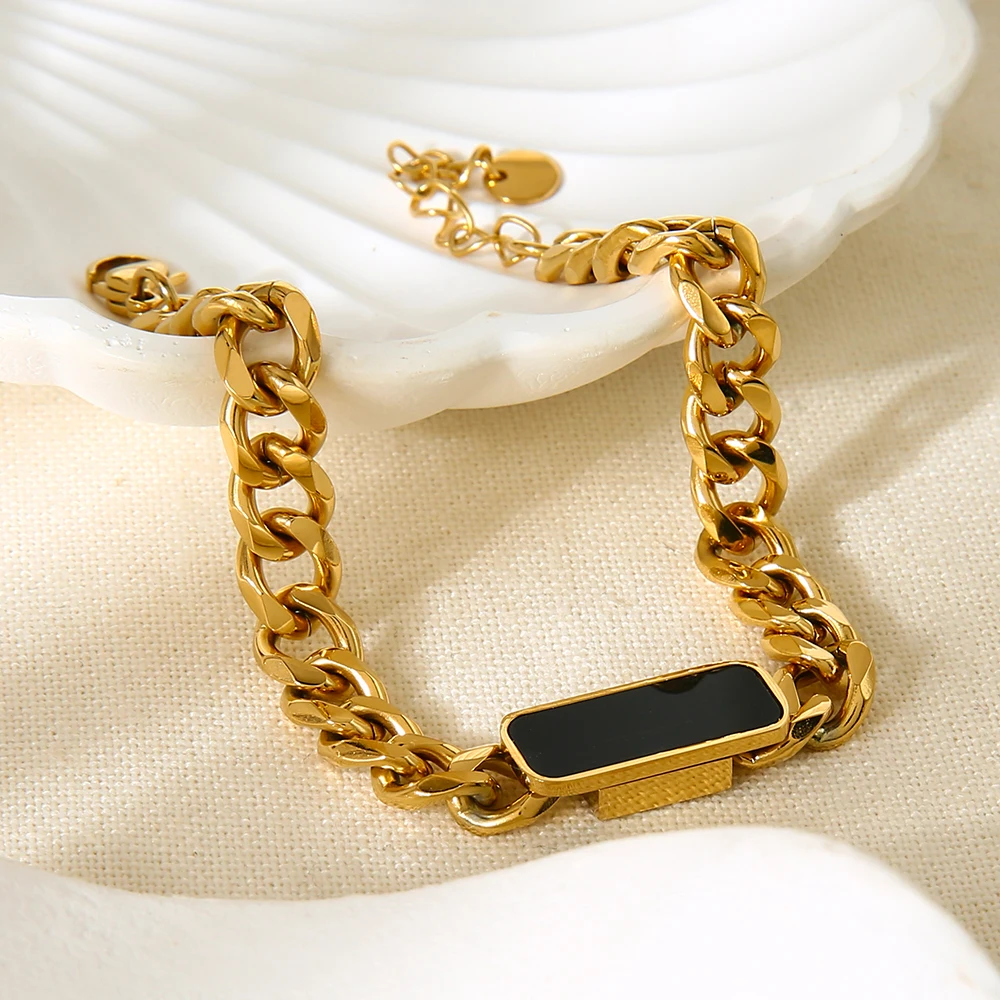 

18K Gold Plated Stainless Steel Cuban Chain Bracelet Vintage Black Acetate Inlaid Waterproof Trendy Jewelry for Women