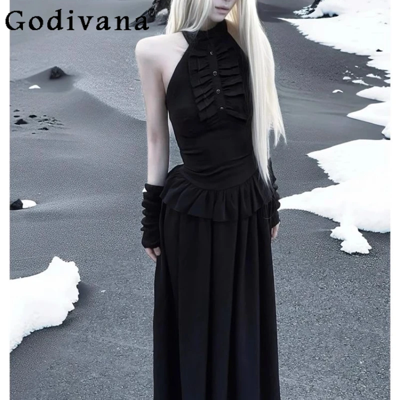 

Japanese Gothic Style Y2K Dress Women's Retro Summer Halter Neck Elegant Dress Female Waist Cinching Lace Lolita Dress