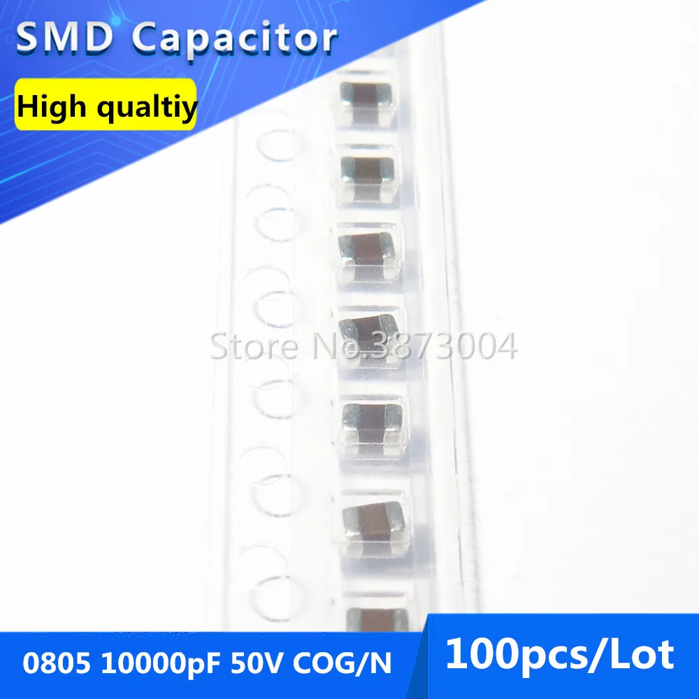 100pcs SMD Thick Film Chip Multilayer Ceramic Capacitor 0805 10000pF 10nF 0.01uF 50V COG/NPOC0G 5%