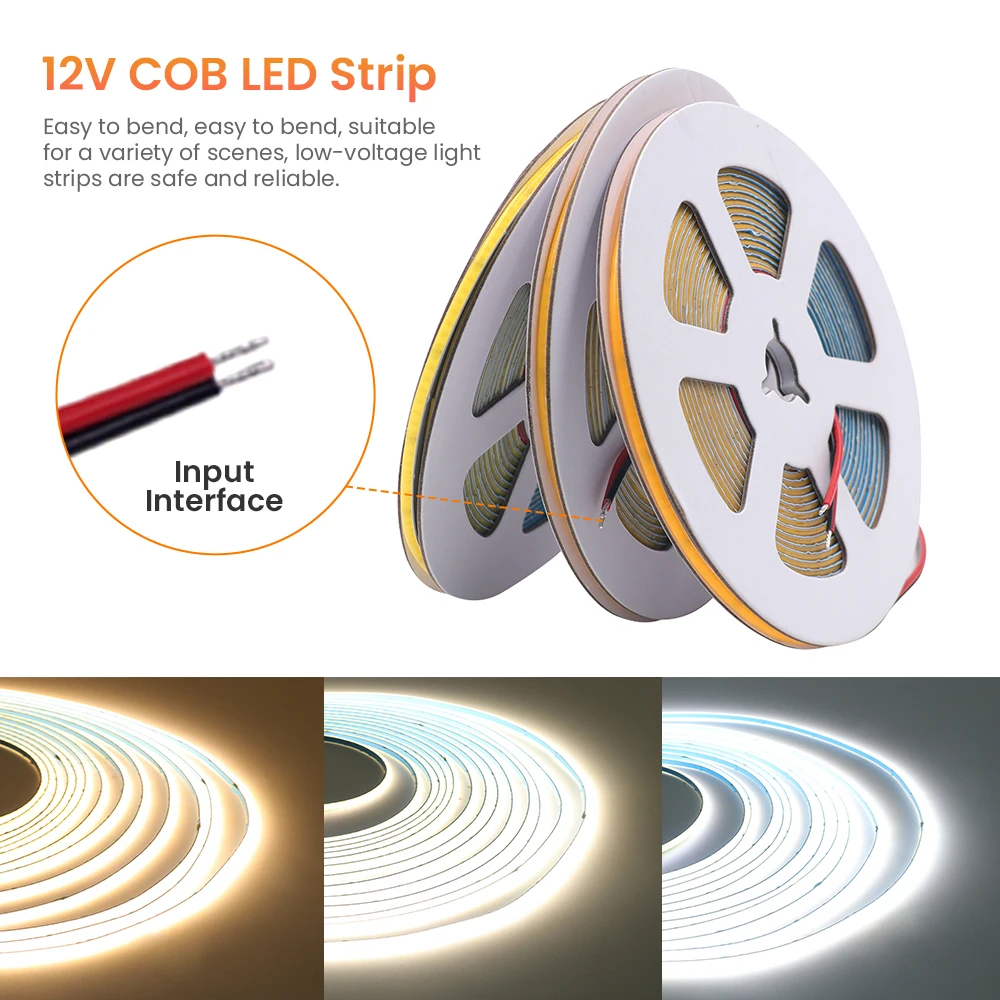 COB LED Strip Ultra Thin 3mm Width FOB Lights Bar 384LEDs/m CRI90 High Density LED Tape DC12V 24V Flexible Ribbon Liner Lighting